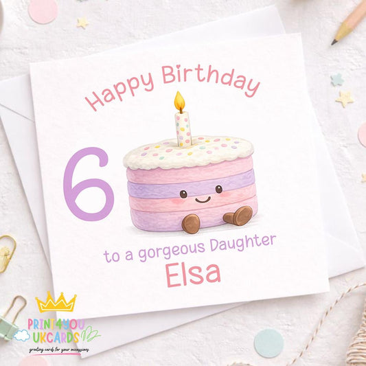 Square birthday card for a girl featuring a pastel kawaii cake design, personalised with name and age