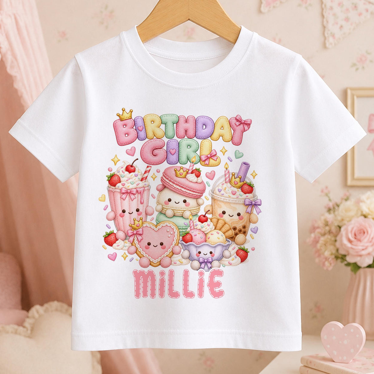 Personalised Birthday Girl t-shirt – white tee with pastel Birthday Girl lettering, kawaii milkshake, bubble tea, macaron and ice cream, with the name Millie in pink
