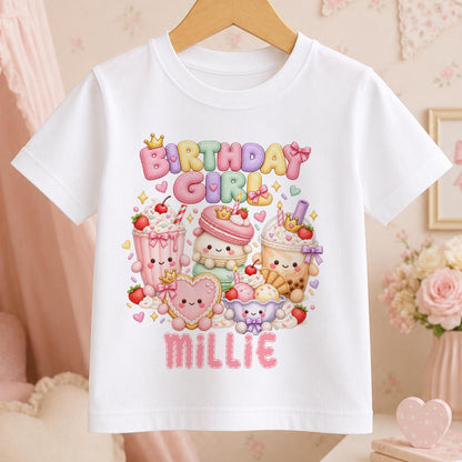 Personalised Birthday Girl t-shirt – white tee with pastel Birthday Girl lettering, kawaii milkshake, bubble tea, macaron and ice cream, with the name Millie in pink