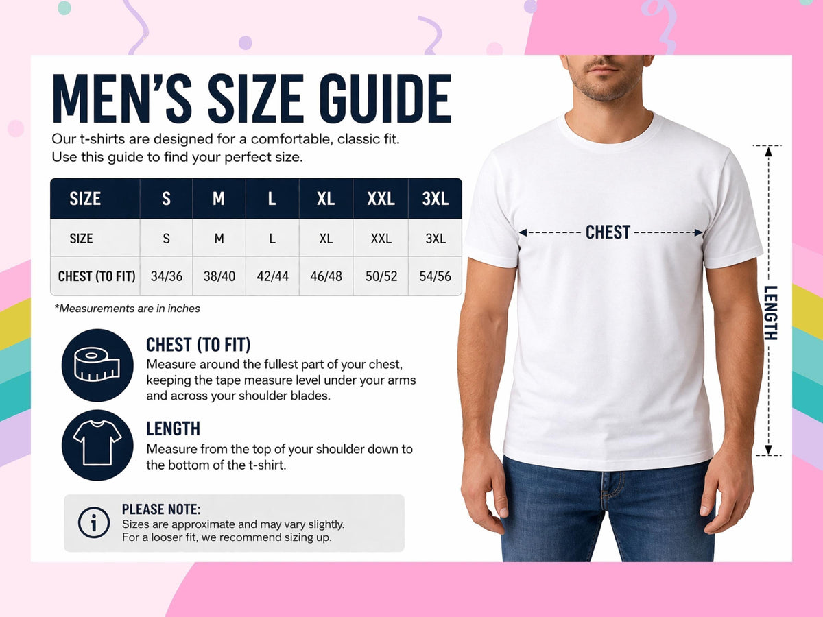 Men's t-shirt size guide with chest and length measurements for sizes S to XXL