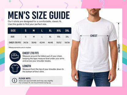 Men's t-shirt size guide with chest and length measurements for sizes S to XXL