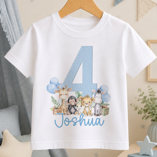 Blue safari personalised birthday t-shirt with jungle animals, name and age number on white cotton