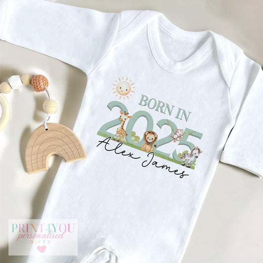 Personalised Born in 2025 safari newborn bib, printed with your chosen wording.