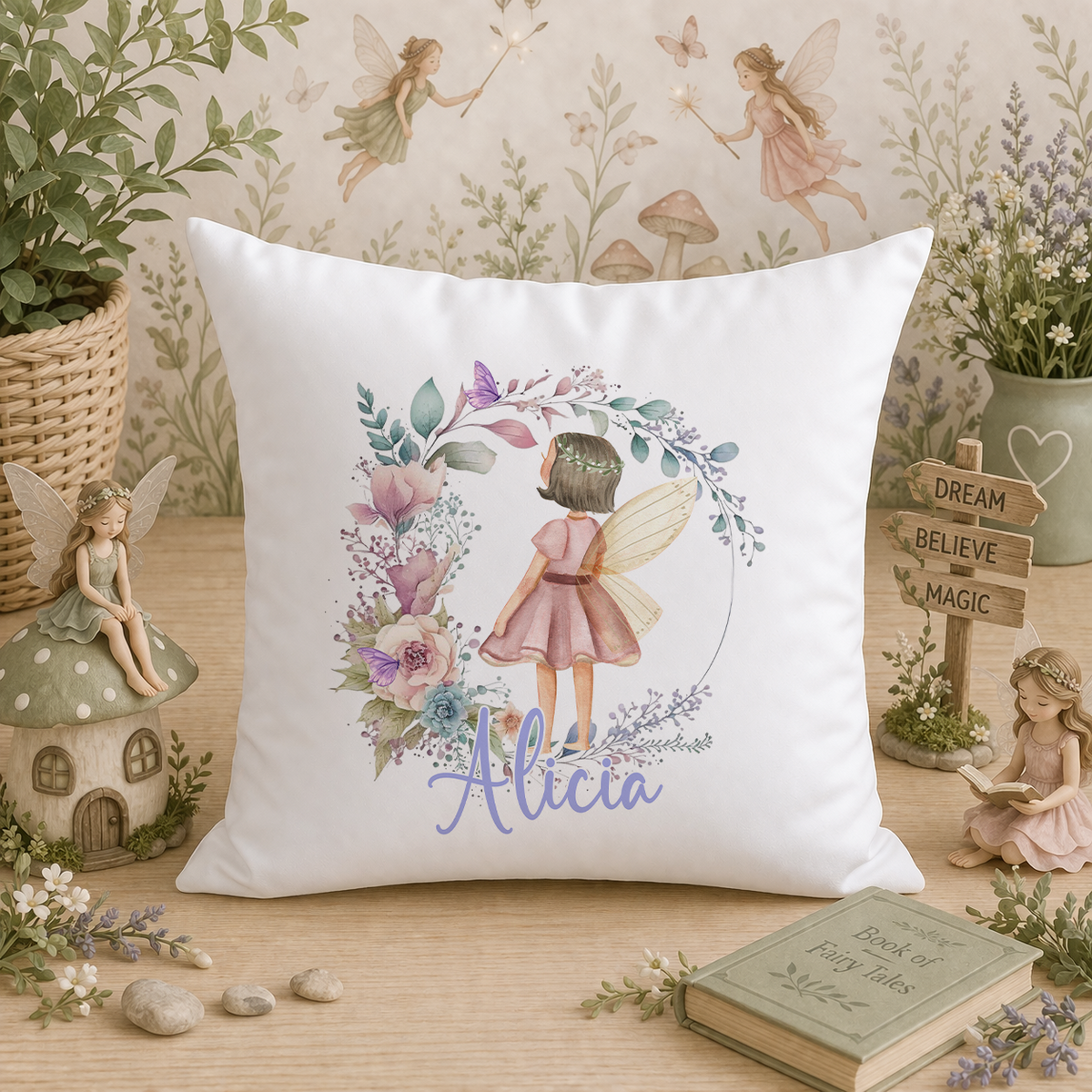 Personalised fairy and flower cushion cover, 40 x 40cm, cover only