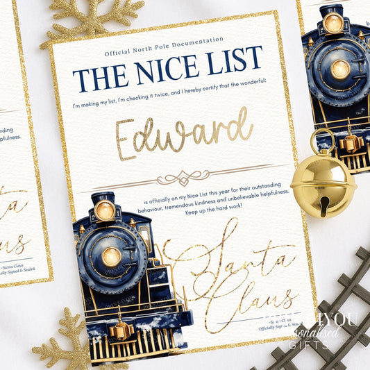 Personalised Nice List certificate with child's name in gold foil on a blue festive train design, A4 glossy card