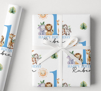 Personalised safari jungle animal 1st birthday wrapping paper wrapped around a gift
