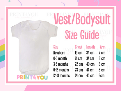 Size guide for personalised baby vest and bodysuit sizing from newborn to toddler.