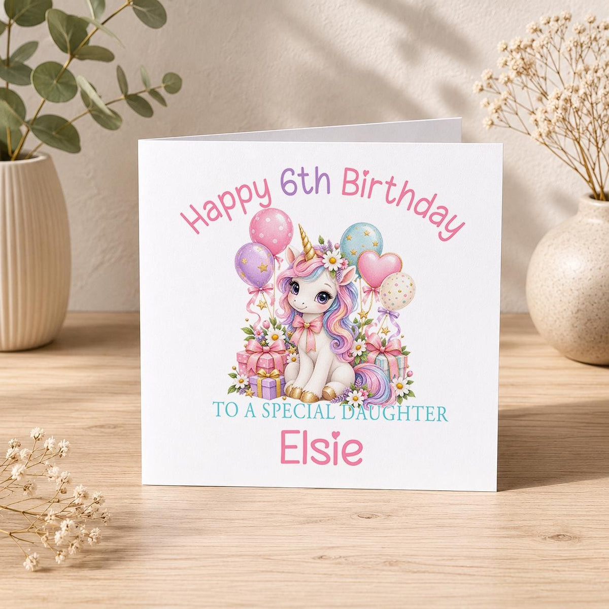 Personalised unicorn birthday card – baby unicorn with balloons, Happy 6th Birthday To a Special Daughter Elsie