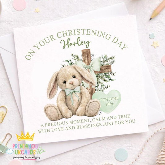 Personalised square christening card featuring a blue bunny design for a baby boy