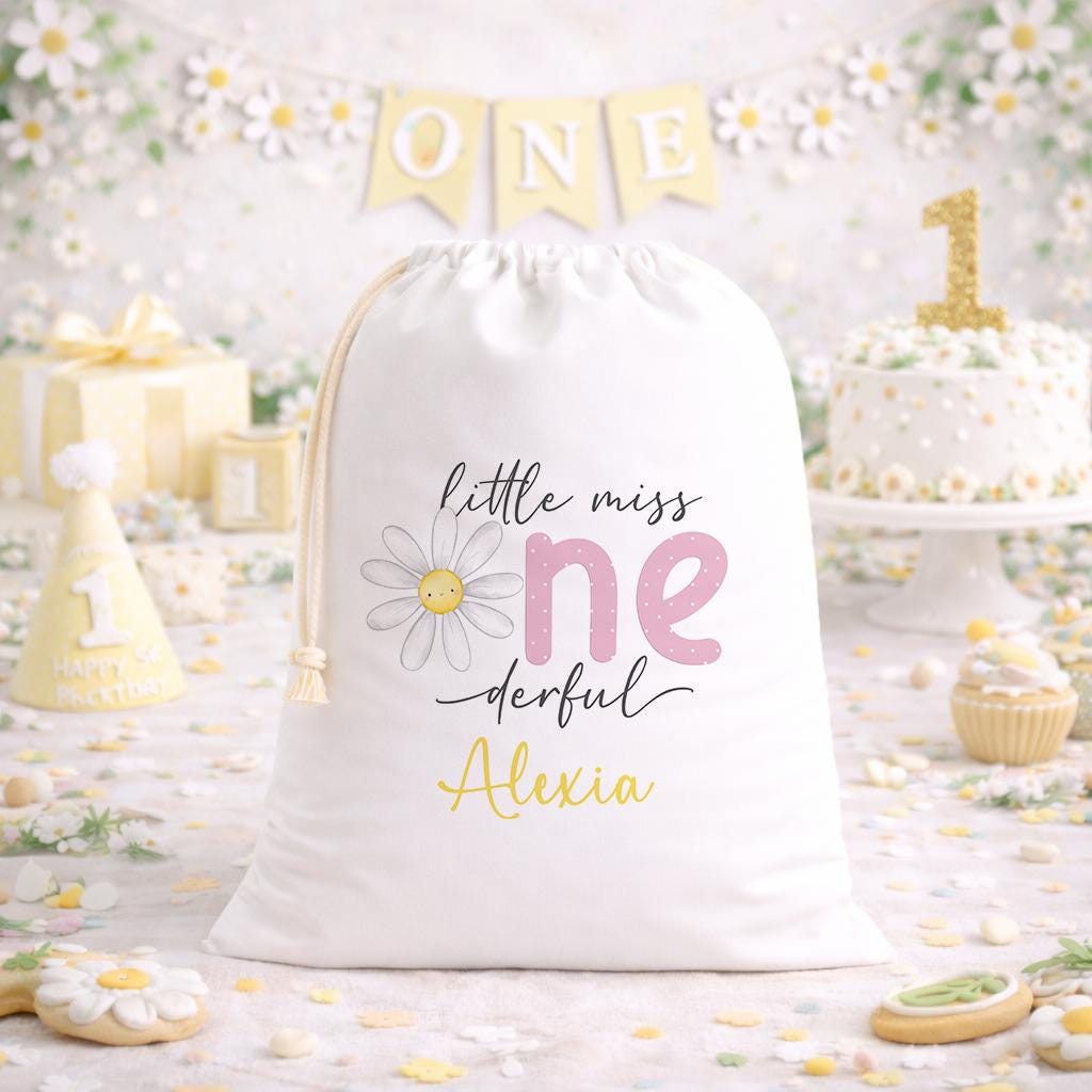 Personalised 'One-derful' birthday sack laid flat, showing the daisy design and printed name