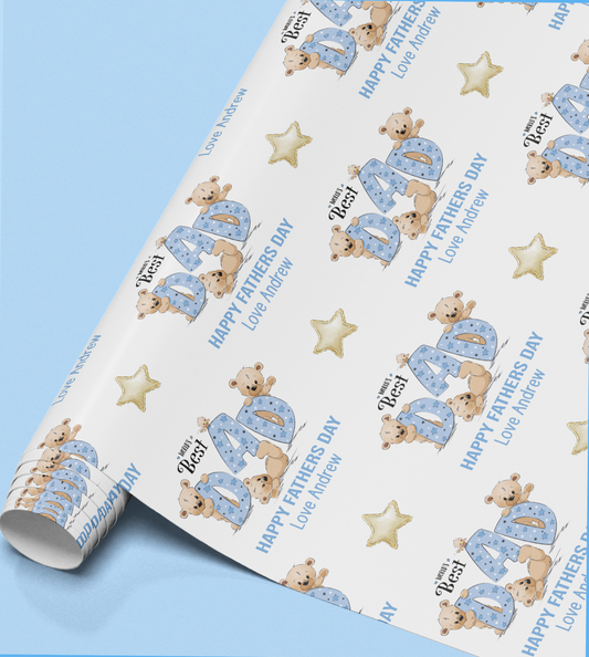 Close-up of the Father's Day teddy bear wrapping paper pattern showing the personalised name in print
