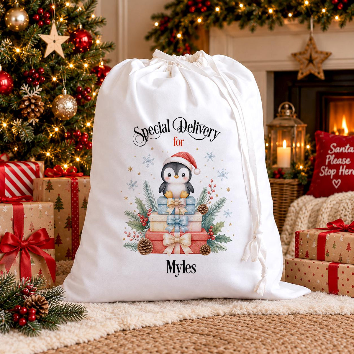 Personalised Penguin Christmas Sack – Penguin in Santa Hat Kids Santa Sack