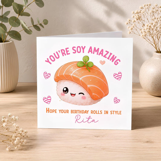 Personalised sushi birthday card with kawaii salmon design