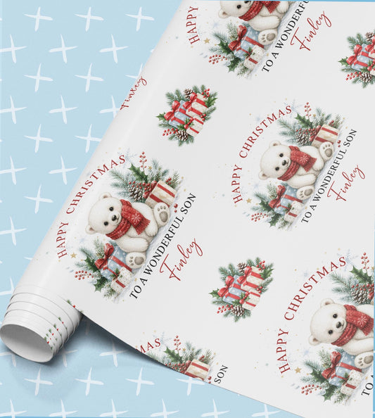 Polar Bear Wrapping Paper, Personalised Name, Christmas Gift Wrap