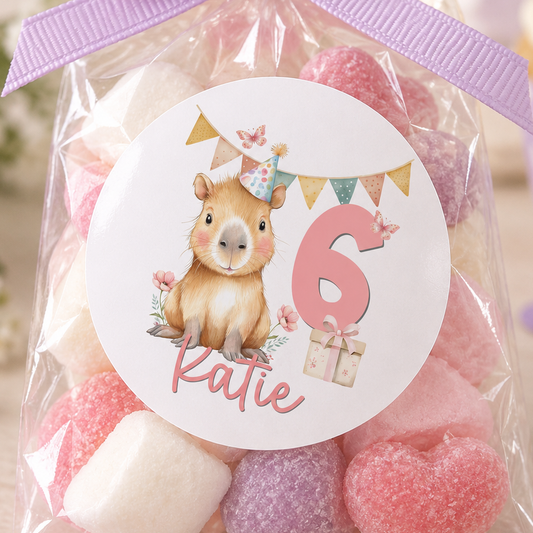 Capybara Birthday Stickers – Personalised with Name & Age, 5cm Glossy Labels