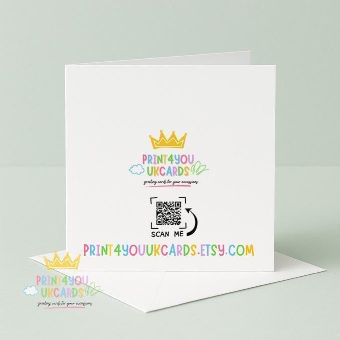 Back of the card with the Print4You UK Cards logo and QR code, shown with its white envelope