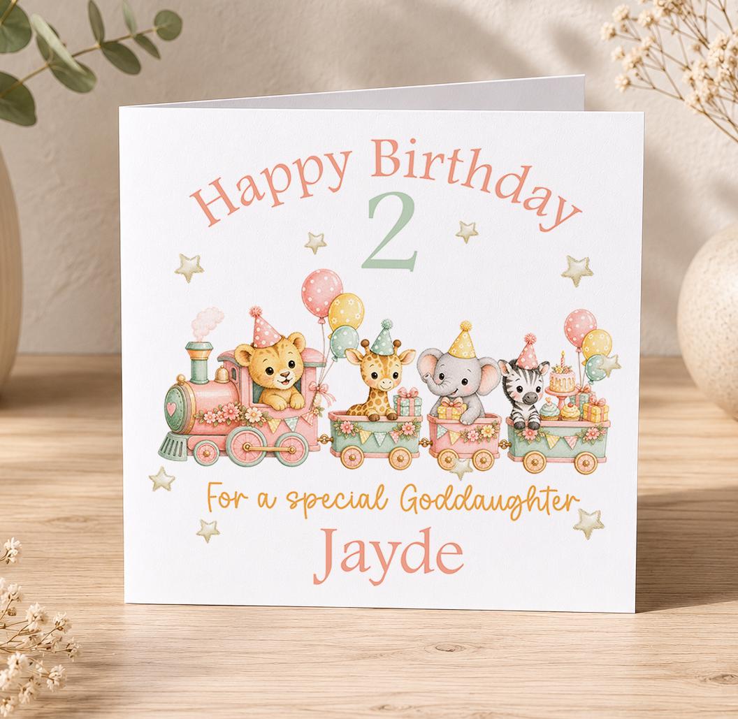 Personalised pink train birthday card – steam train of party animals, Happy Birthday 2 For a Special Goddaughter Jayde