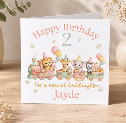 Personalised pink train birthday card – steam train of party animals, Happy Birthday 2 For a Special Goddaughter Jayde