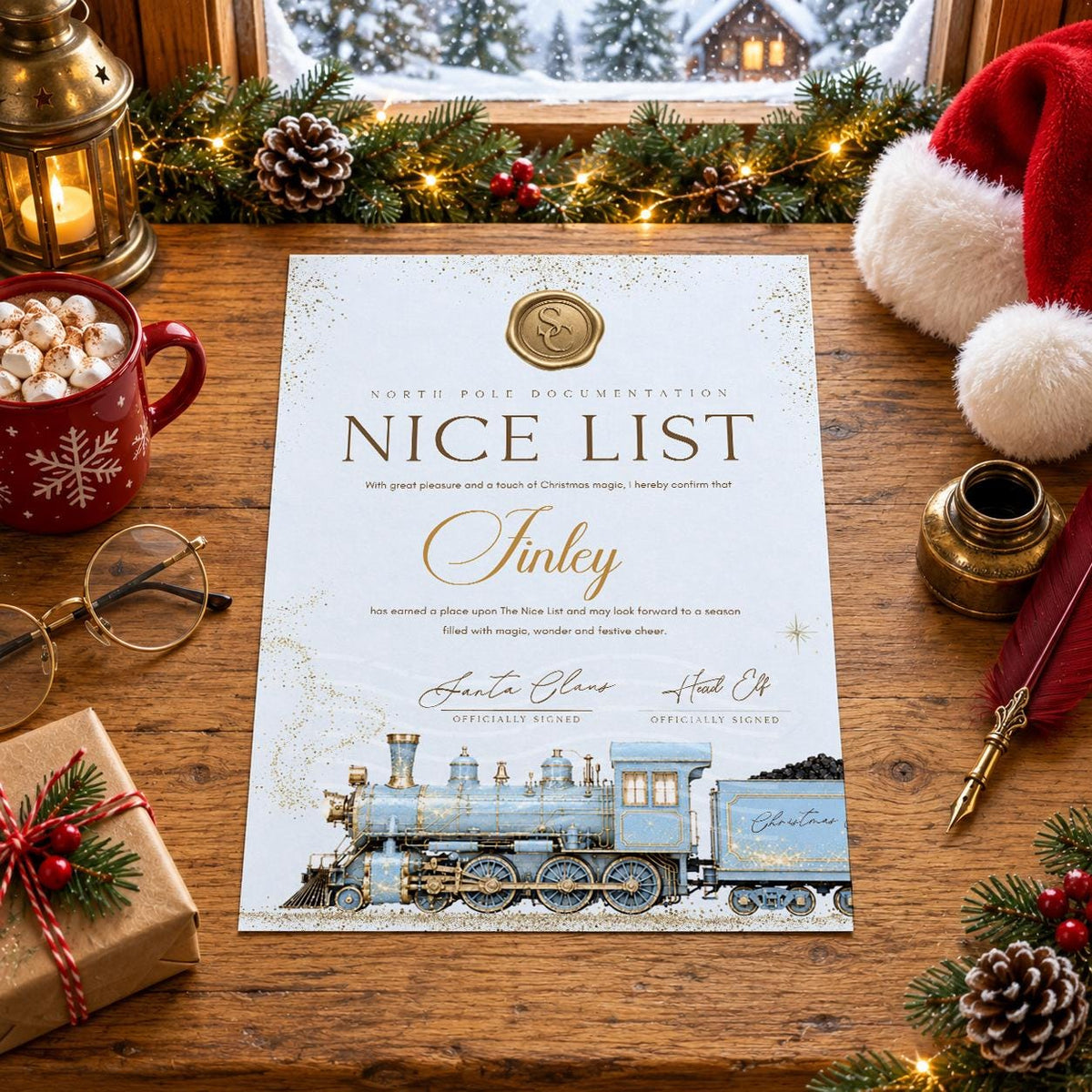 Personalised Nice List certificate with a vintage blue steam train, gold seal and child’s name, shown on a festive table