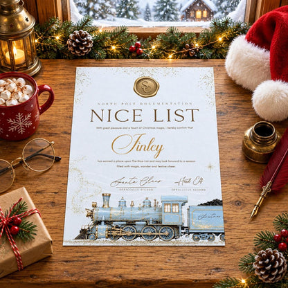 Personalised Nice List certificate with a vintage blue steam train, gold seal and child’s name, shown on a festive table