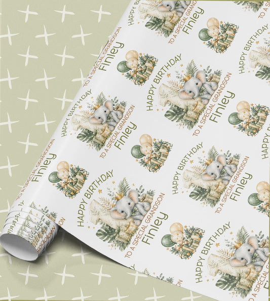Personalised birthday wrapping paper in sage green with a baby elephant, wrapped presents and balloons, Happy Birthday with a relation and name