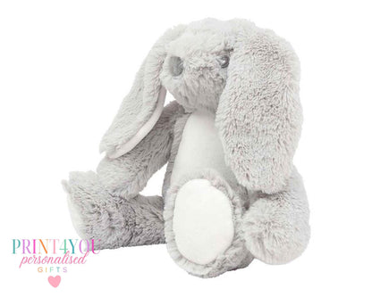 Brown personalised first birthday bunny soft toy with unicorn design printed on tummy