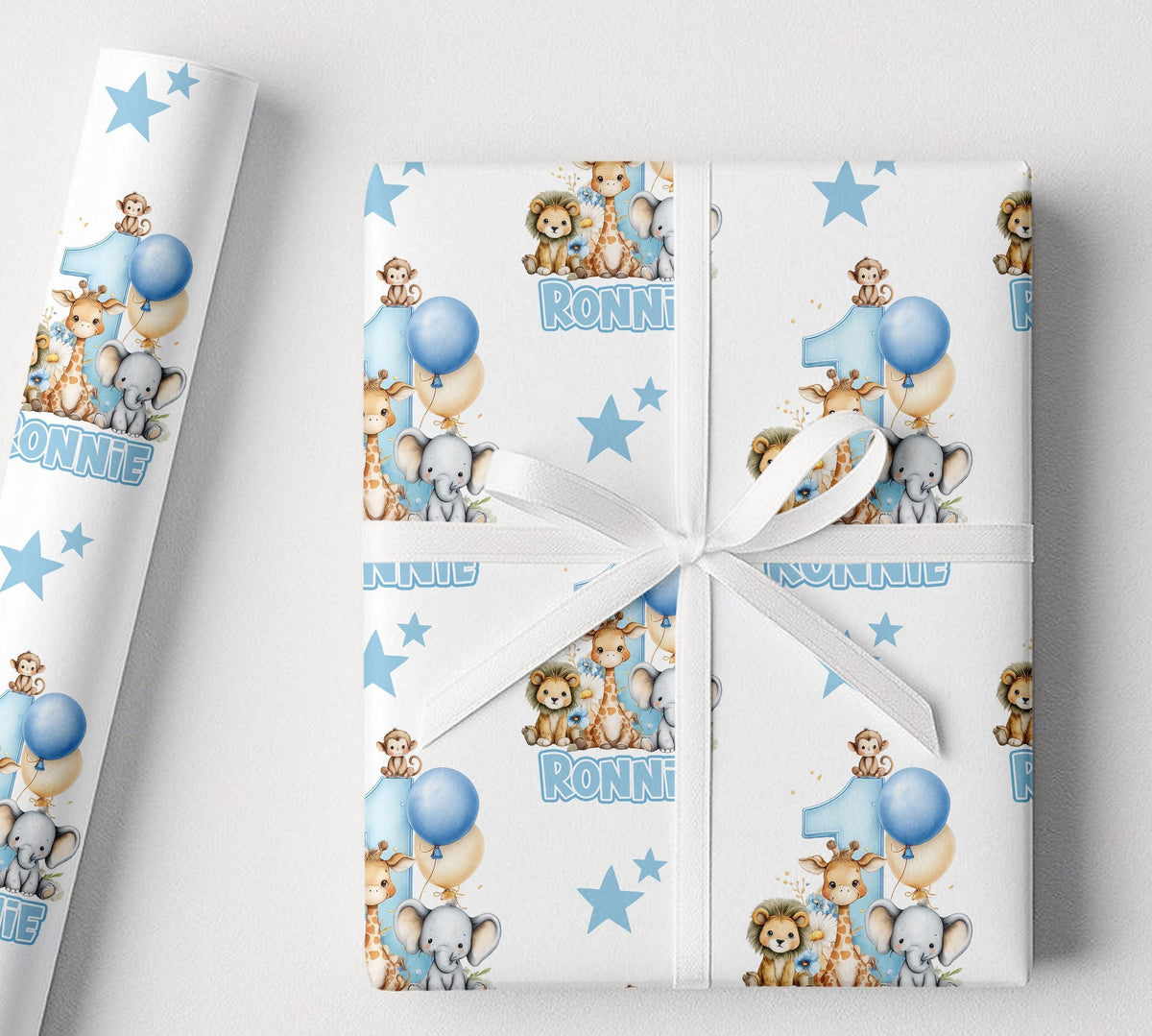 Blue Safari Wrapping Paper, Personalised Name, Boys 1st Birthday