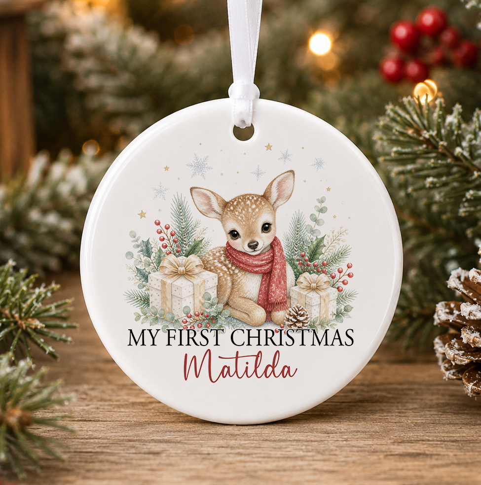 Personalised fawn My First Christmas bauble, white ceramic ornament with a spotted baby deer in a red scarf among cream and gold presents, berries and snowflakes, printed with a baby's name in red script