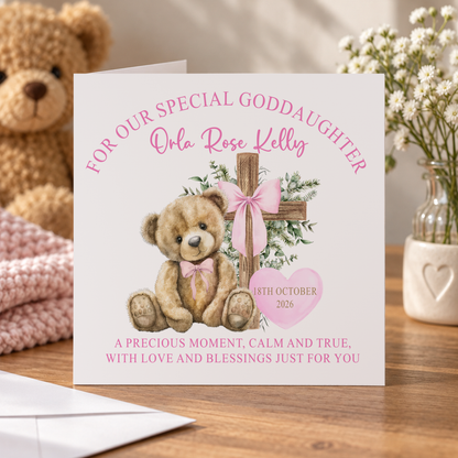 Christening Card – Pink Teddy Bear Keepsake for a Little Girl