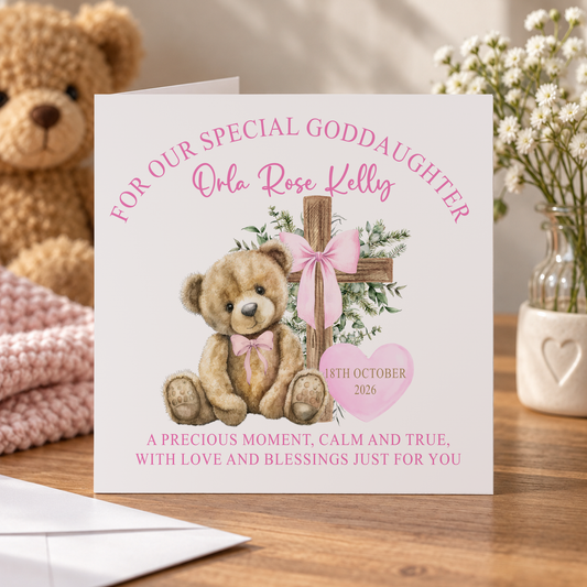 Christening Card – Pink Teddy Bear Keepsake for a Little Girl