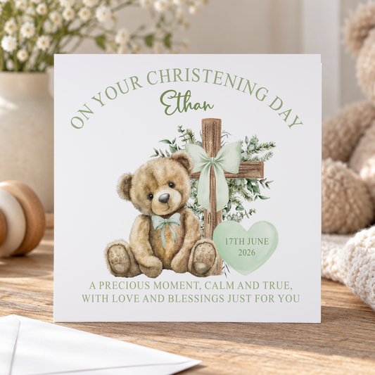 Christening Card – Teddy Bear & Cross Keepsake in Sage Green