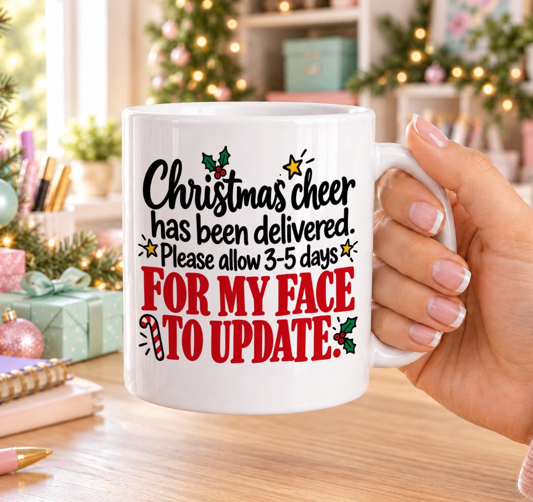 White 11oz ceramic Christmas mug printed with “Christmas cheer has been delivered. Please allow 3–5 days for my face to update.” in black and red lettering with holly, a candy cane and gold stars, held in a festive room