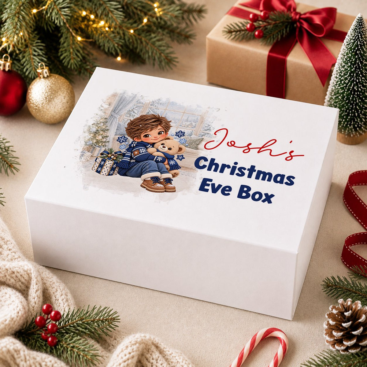 Personalised Christmas Eve box, white magnetic gift box printed with a boy in a navy Nordic jumper carrying blue and gold presents through the snow and the name Theo