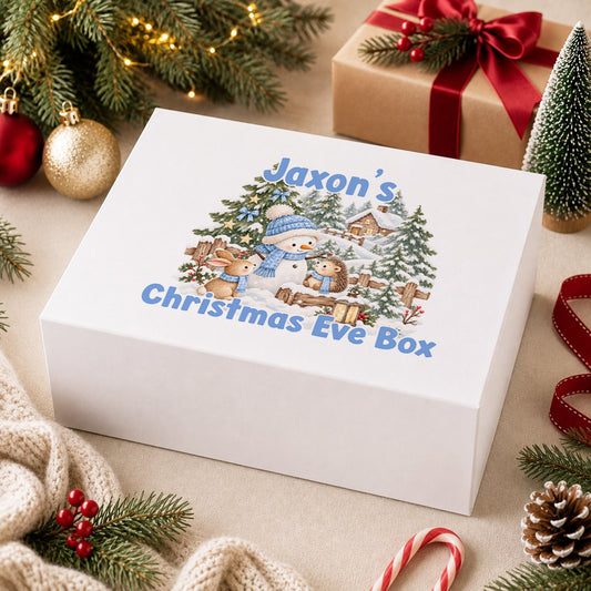 Personalised Christmas Eve box, white magnetic gift box printed with two bunnies in pink scarves on a snowy bridge with a robin and sledge and the name Isabella