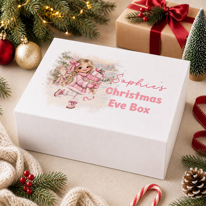 Personalised Christmas Eve box, white magnetic gift box printed with a baby deer and squirrel sharing a present under a snowy Christmas tree and the name Ella