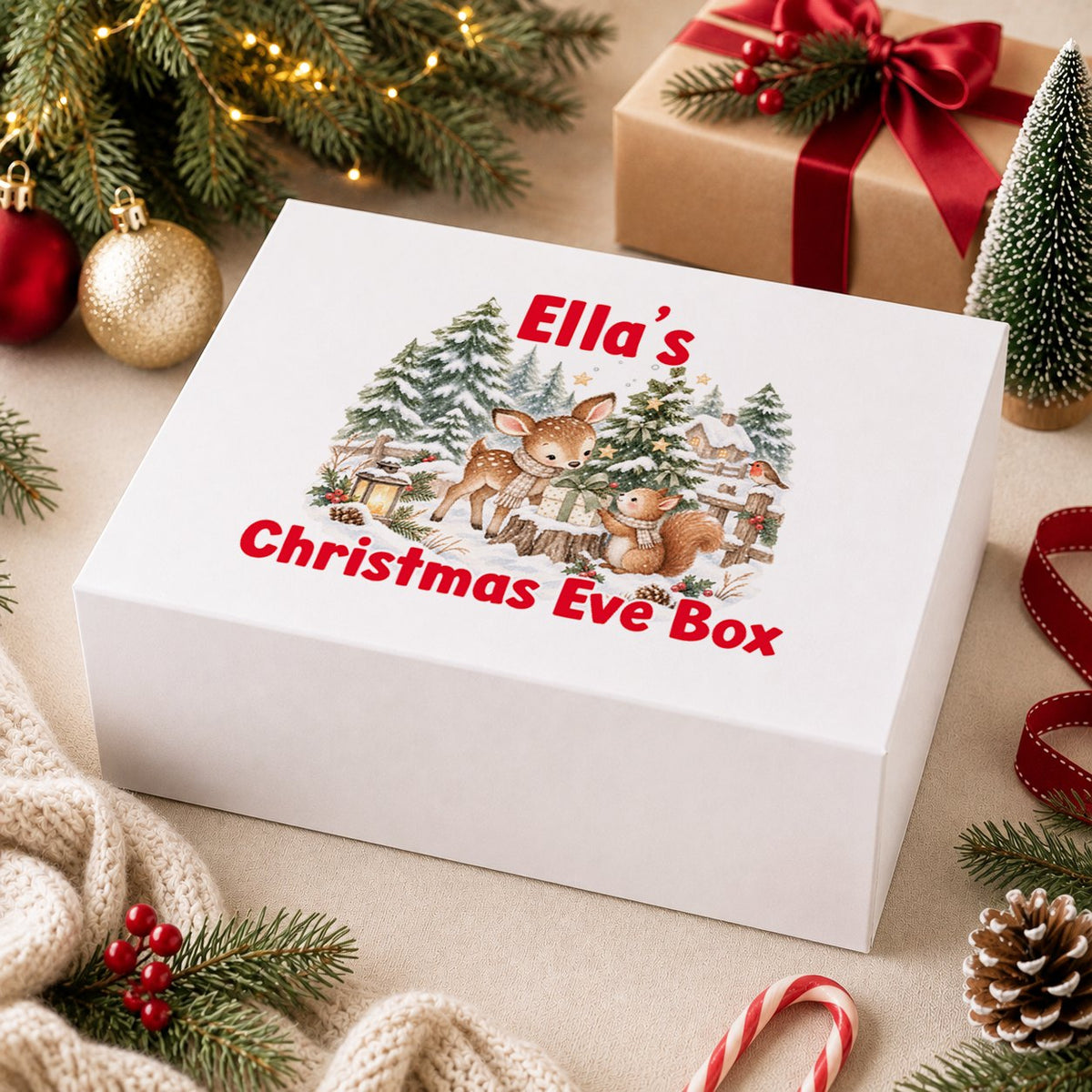 Personalised Christmas Eve box, white magnetic gift box printed with two fox cubs playing with pine cones in the snow and the name Toby