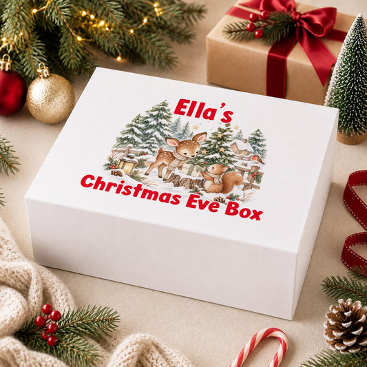 Personalised Christmas Eve box, white magnetic gift box printed with two fox cubs playing with pine cones in the snow and the name Toby