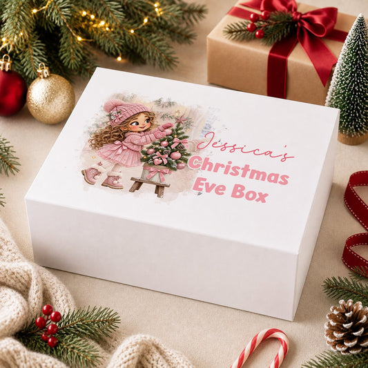 Personalised Christmas Eve box, white magnetic gift box printed with a blonde girl in a pink coat carrying pink presents through the snow and the name Sophie