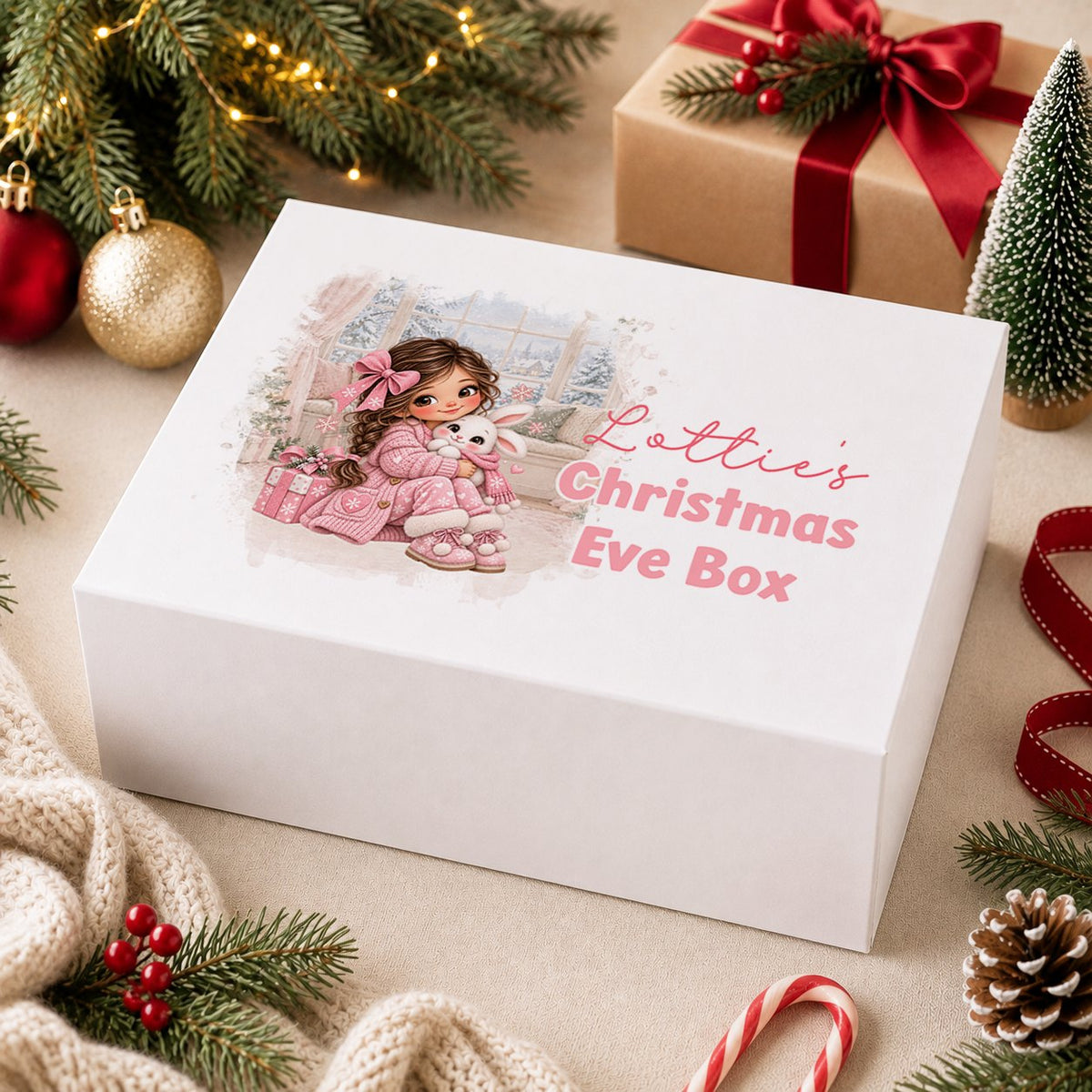 Personalised Christmas Eve box, white magnetic gift box printed with a girl in a pink bobble hat decorating a little Christmas tree with pink baubles and the name Jessica