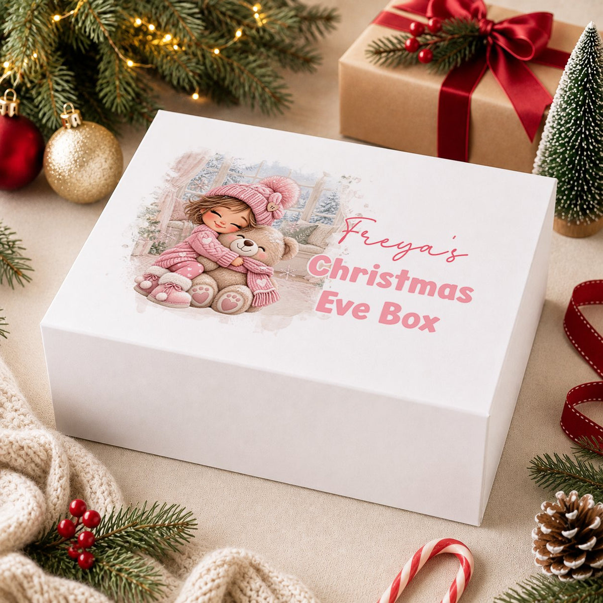 Personalised Christmas Eve box, white magnetic gift box printed with a red-haired girl in a pink coat hugging a baby reindeer and the name Rosie