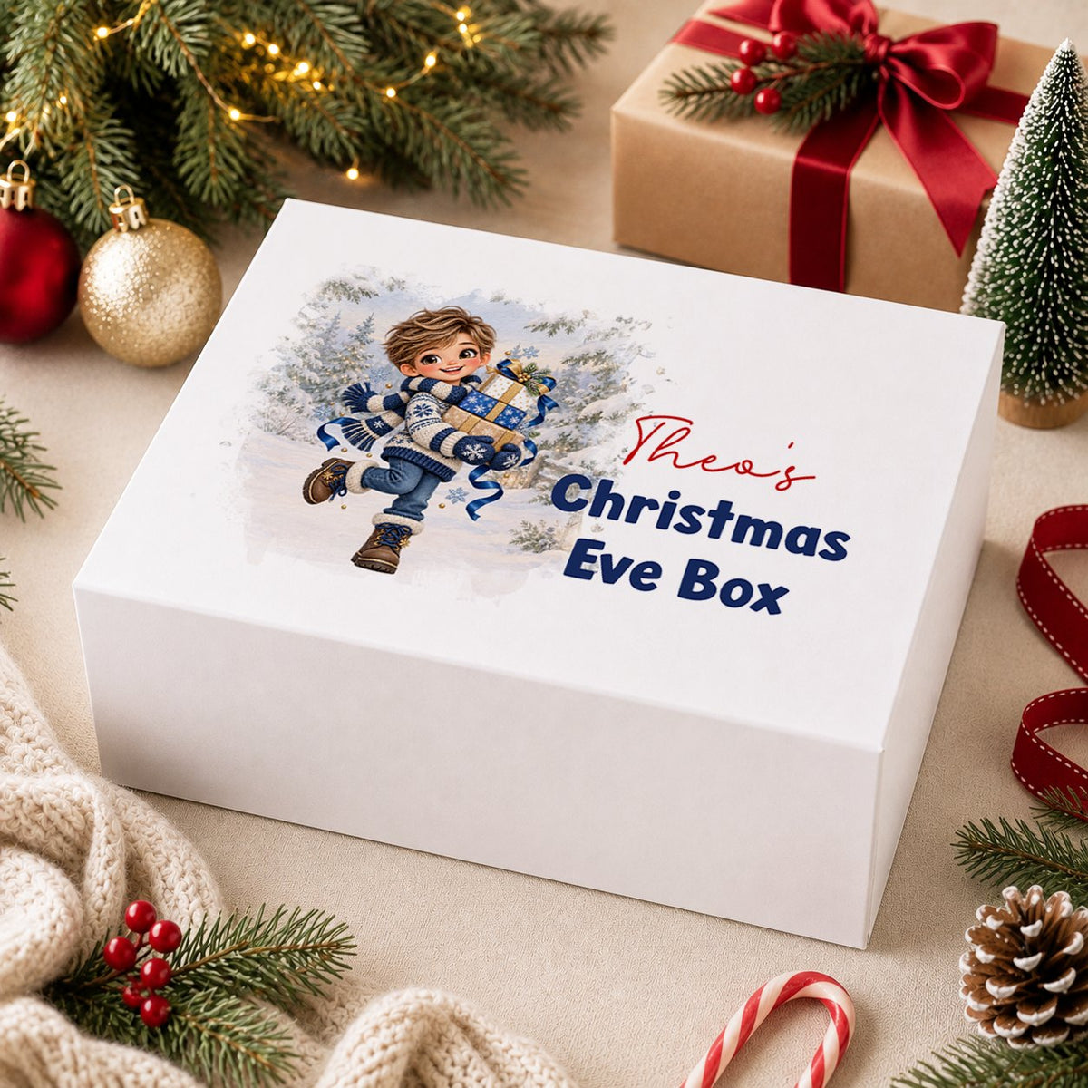 Personalised Christmas Eve box, white magnetic gift box printed with a girl in a pink bobble hat hugging a big teddy bear and the name Freya