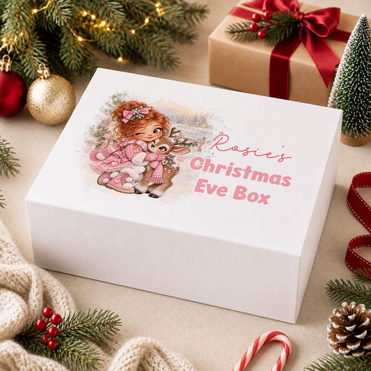 Personalised Christmas Eve box, white magnetic gift box printed with a snowman in a blue bobble hat with a bunny and hedgehog in a snowy woodland and the name Jaxon