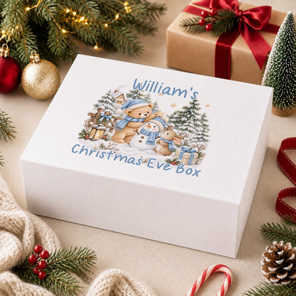 Personalised Christmas Eve box, white magnetic gift box printed with a snowman in a pink hat with a baby deer and bunny in pink scarves and the name Summer