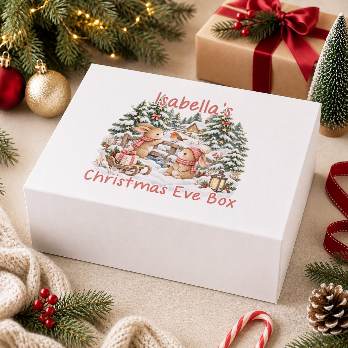 Personalised Christmas Eve box, white magnetic gift box printed with a teddy bear and bunny building a snowman in blue gingham scarves and the name William