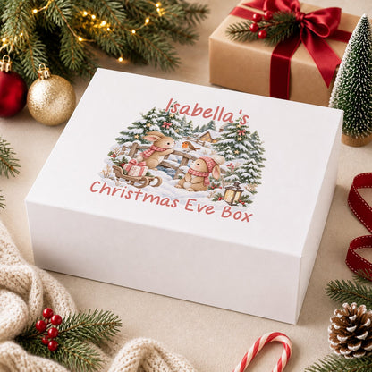 Personalised Christmas Eve box, white magnetic gift box printed with a teddy bear and bunny building a snowman in blue gingham scarves and the name William