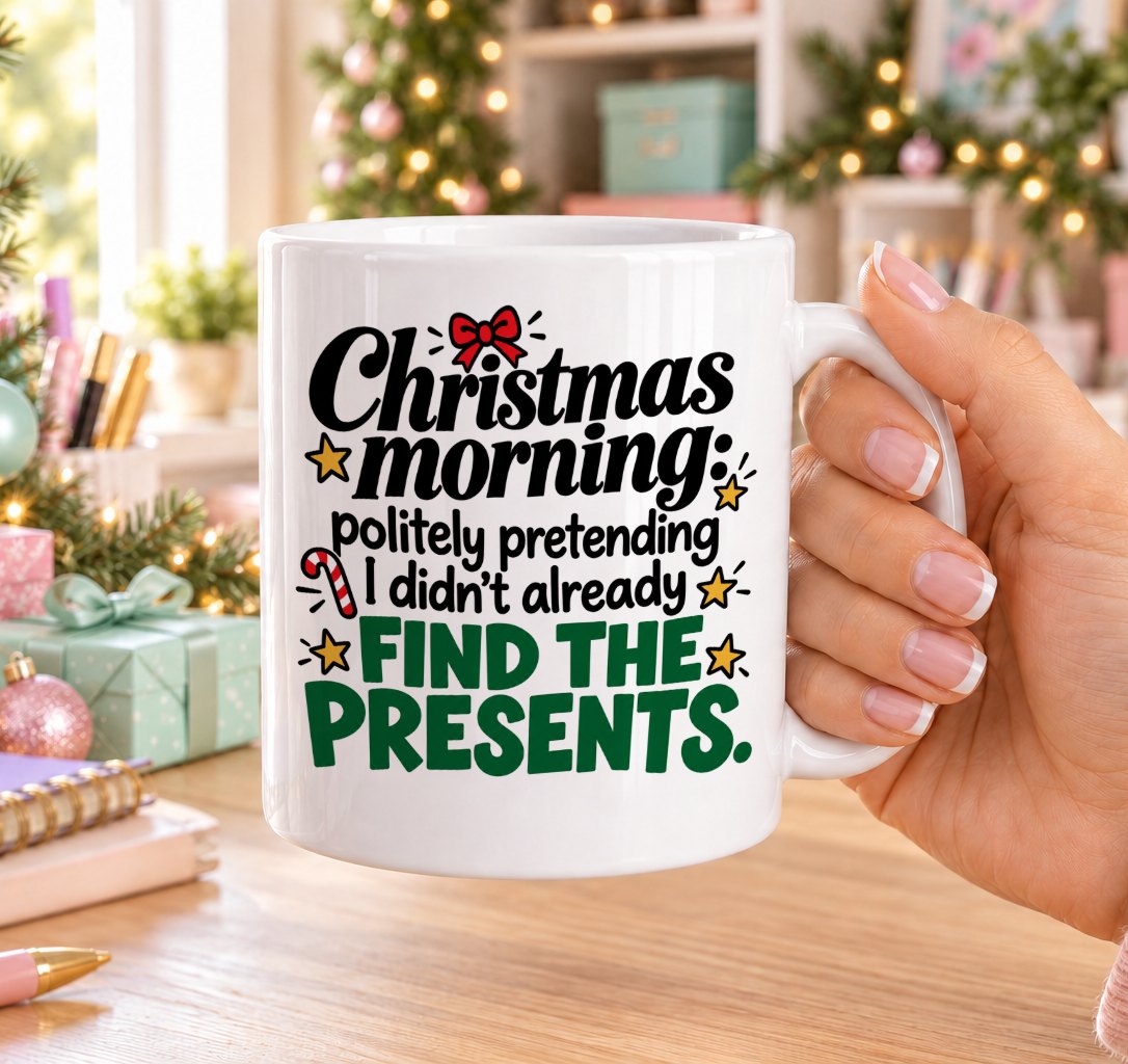 White 11oz ceramic Christmas mug printed with “Christmas morning: politely pretending I didn’t already find the presents.” in black and green lettering with a red bow, candy cane and gold stars, held in a festive room
