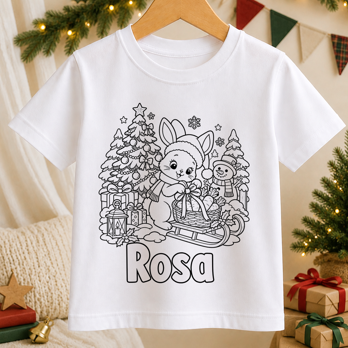 Personalised Christmas colour-in kids t-shirt with a black and white Bunny Christmas Sleigh line art design and a name in bubble letters to colour in
