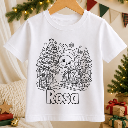 Personalised Christmas colour-in kids t-shirt with a black and white Bunny Christmas Sleigh line art design and a name in bubble letters to colour in