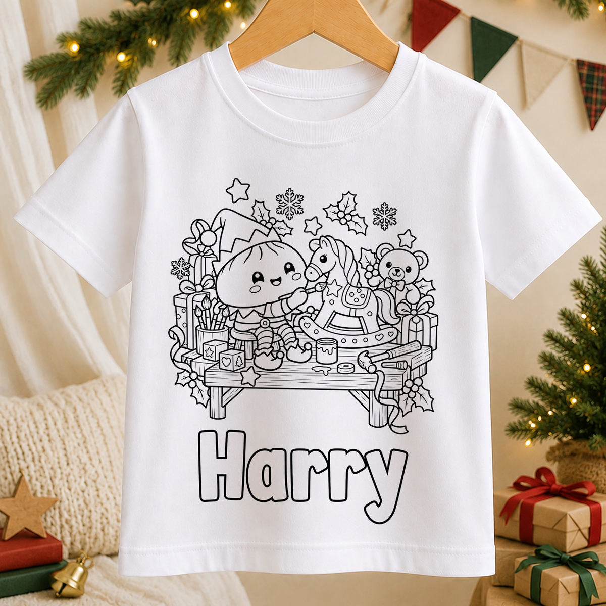 Personalised Christmas colour-in kids t-shirt with a black and white Kawaii Dumpling Elf Workshop line art design and a name in bubble letters to colour in