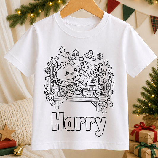 Personalised Christmas colour-in kids t-shirt with a black and white Kawaii Dumpling Elf Workshop line art design and a name in bubble letters to colour in